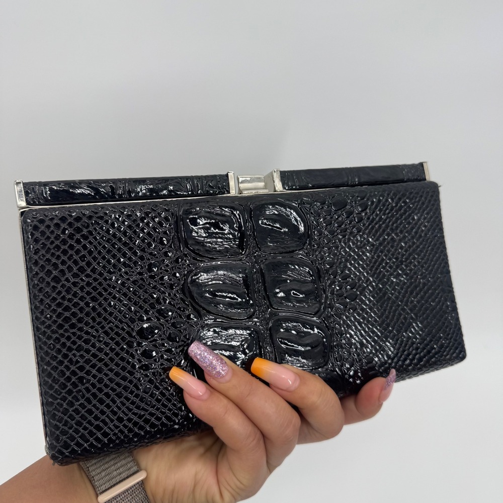 Black Crocodile Embossed Patent Leather Clutch Evening Bag Silver Frame Clasp